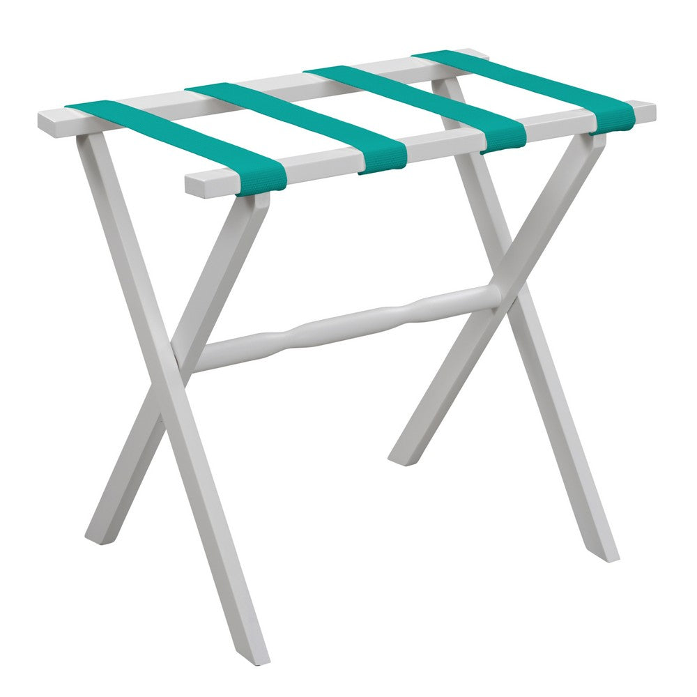 White Straight Leg Wood Luggage Rack w/ Teal Nylon Straps