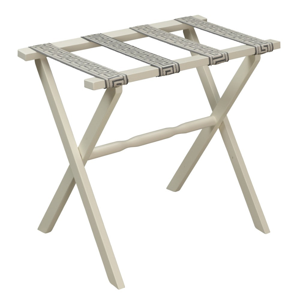 Ivory Straight Leg Wood Luggage Rack with 4 Pewter & Taupe Greek Key Straps