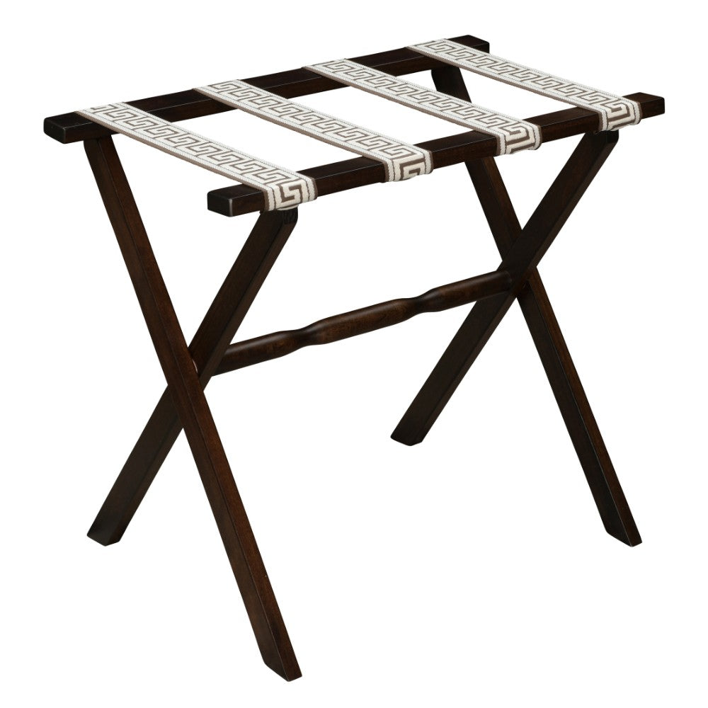 Dark Walnut Straight Leg Wood Luggage Rack with 4 Brown & Ivory Greek Key Straps