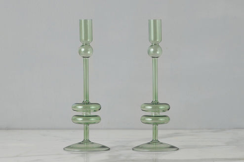 Sage Glass Candlestick Pair, Medium