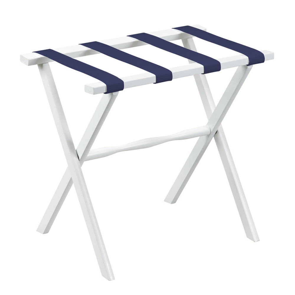 White Straight Leg Wood Luggage Rack w/ Navy Nylon Straps