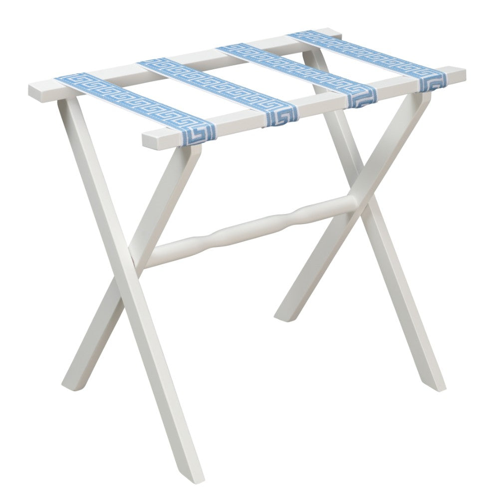 White Straight Leg Wood Luggage Rack with White & Sky-Blue Key Straps