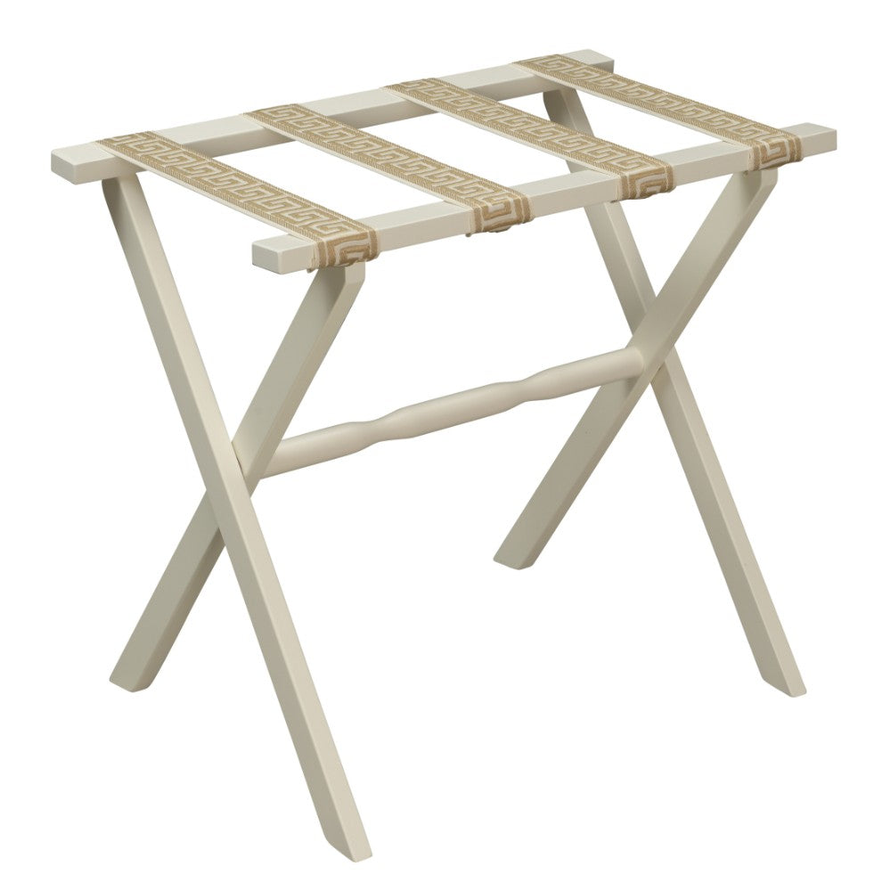 Ivory Straight Leg Wood Luggage Rack with 4 Cream & Tan Greek Key Straps