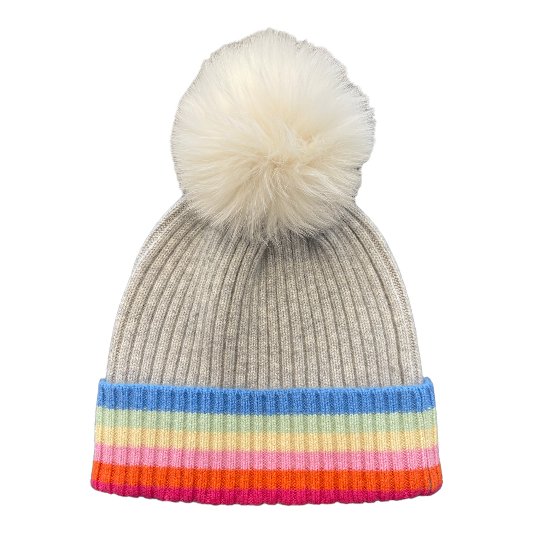 Rainbow Tipped Hat with Fox Pompom-  Ash