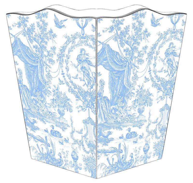 Light Blue Toile Wood Waste Basket