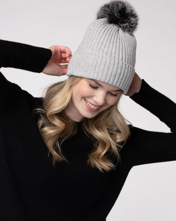Luxe Fox Pompom Hat- Ash with Frosted Black Fox