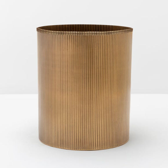 Redon Round Wastebasket, Antique Brass Ribbed Metal