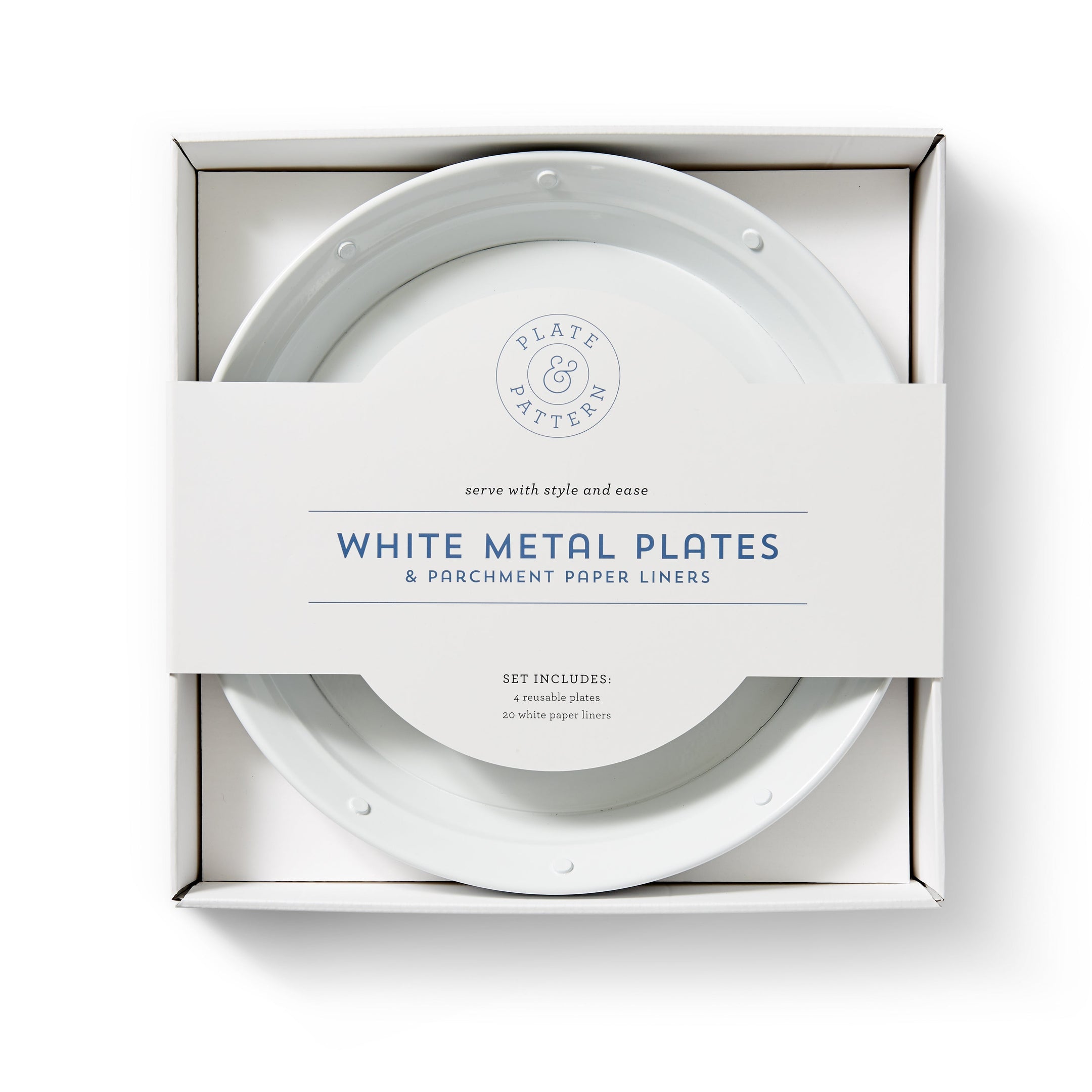 Plate & Pattern White Metal Plates, Set of 4