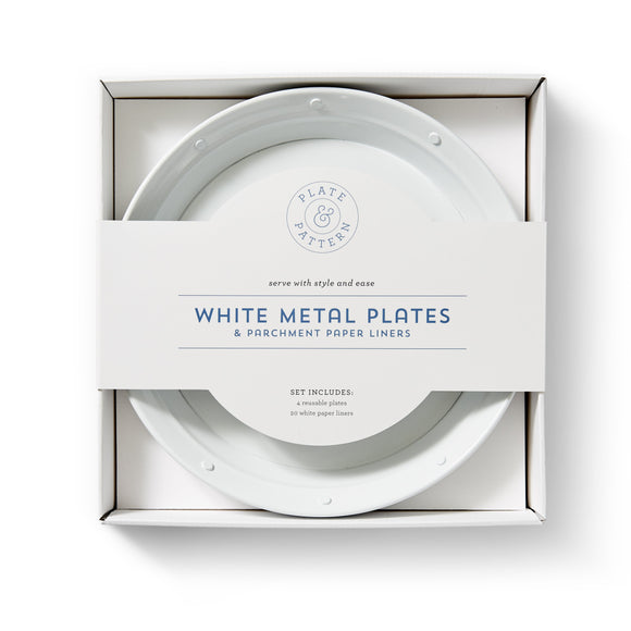 Plate & Pattern White Metal Plates, Set of 4