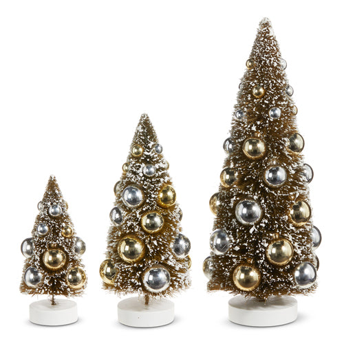 Bottle Brush Trees w/ Champagne & Silver Ornaments