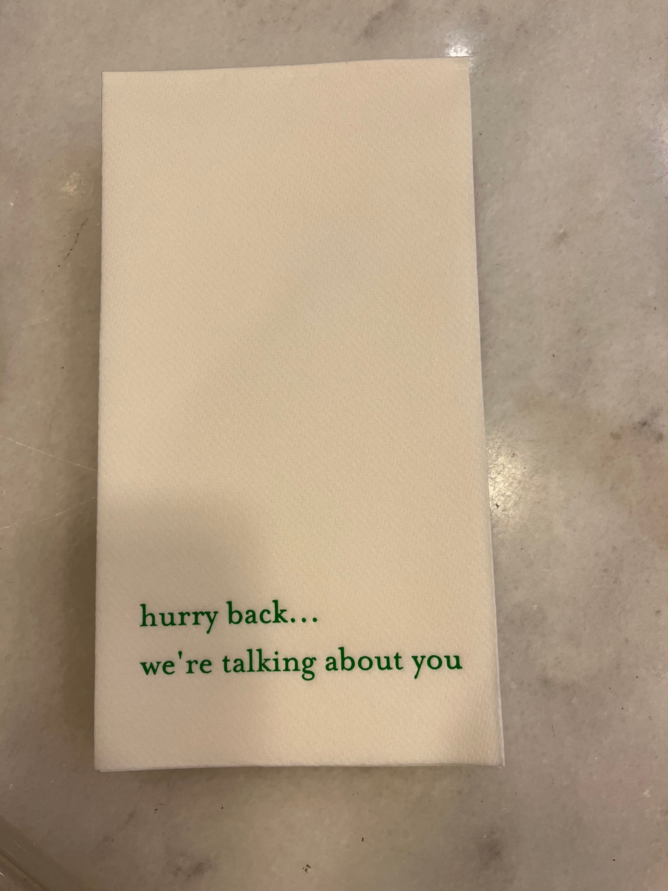"Hurry Back" White Paper Linen w/ Leaf Green - Set of 25
