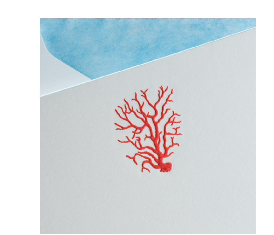 Coral Note Cards - Engraved in Poppy Red with Azure Bevels/lioned Azure Tissue