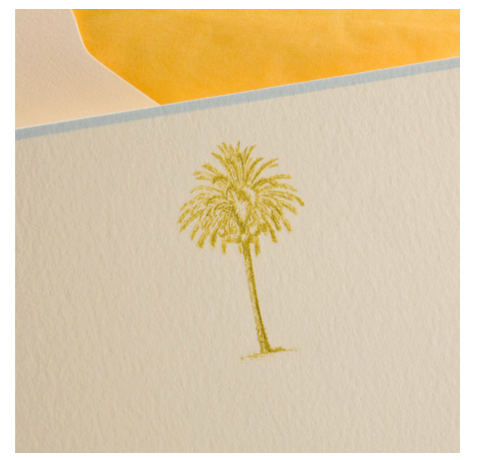Palm Tree Note Cards - Engraved in Chartreuse-Copper Lined Tissue