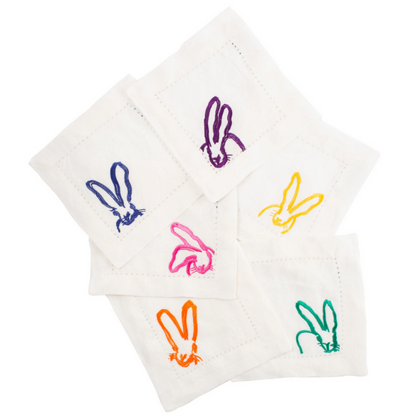 Rainbow Rabbits Embroidered Linen Cocktail Napkins, Set of 6