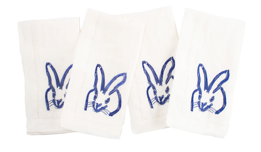 Painted Bunny Embroidered Linen Dinner Napkin, White w/ Cobalt