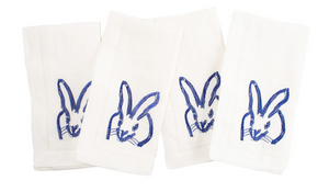 Painted Bunny Embroidered Linen Dinner Napkin, White w/ Cobalt