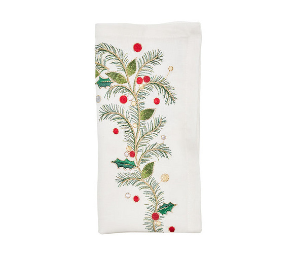 Kim Seybert Xmas Carol Napkin in White, Red & Green