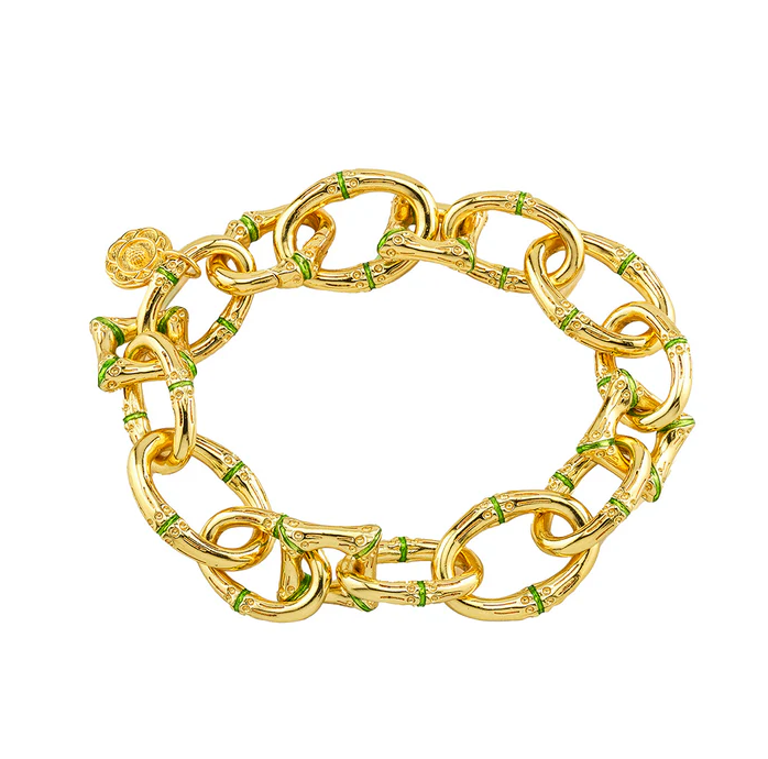 Bangkok Bamboo Link Bracelet, 7.25" - Gold/Green Enamel