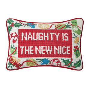 Naughty New Nice Embroidered Needlepoint Pillow