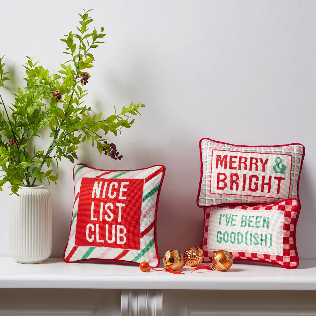 Nice List Club Embroidered Needlepoint Pillow