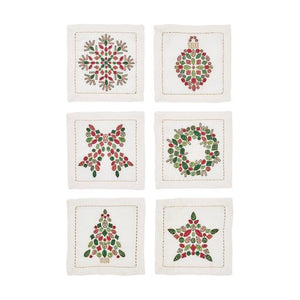 Kim Seybert Holiday Nostalgia Cocktail Napkins in White, Red & Green, Set of 6 in a Gift Box