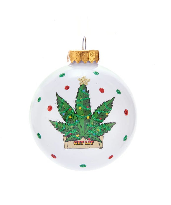 White with Cannabis Glass Ball Ornament