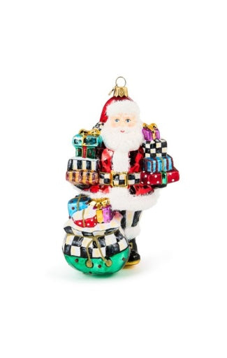 Santa With Gifts Glass Ornament