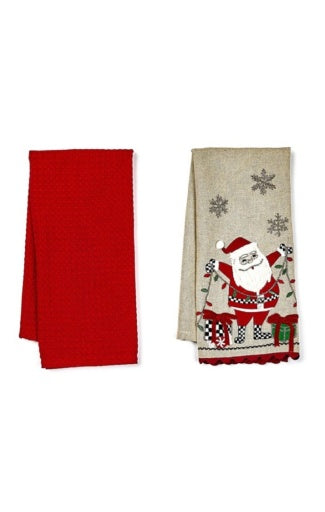 Santa With Tree Lights Embroidered Dish Towels, Set Of 2