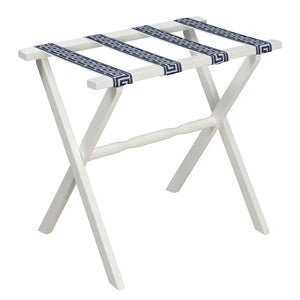 White Straight Leg Wood Luggage Rack with White & Navy Greek Key Straps