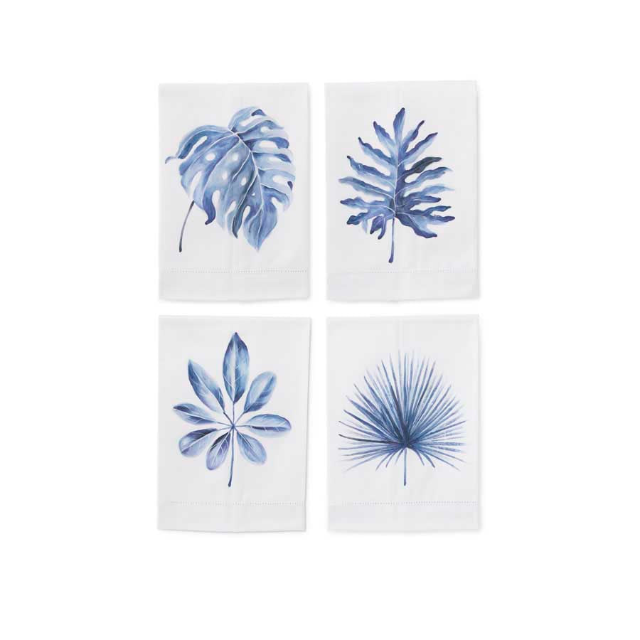 Blue Tropical Leaves Hand painted Cotton Guest Towels , Assorted