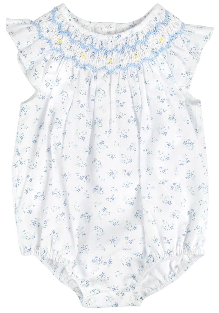 Blue Ditsy Floral Print Smocked Bubble, 6-12M