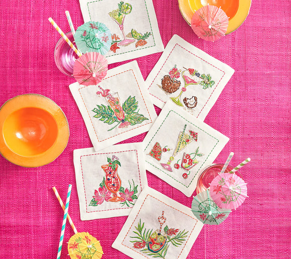 Kim Seybert Tropicana Cocktail Napkins in White & Multi, Set of 6 in a Gift Box