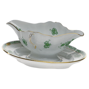 Herend Chinese Bouquet Green Gravy Boat w/fixed Stand