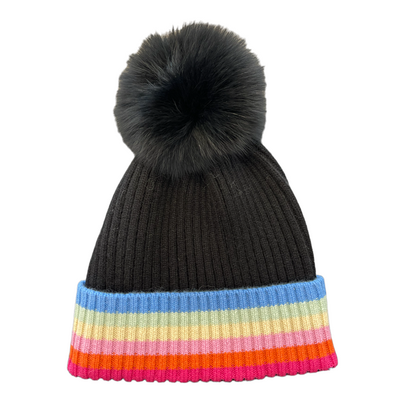 Rainbow Tipped Hat with Fox Pompom-Ebony