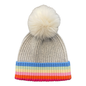 Rainbow Tipped Hat with Fox Pompom-  Ash
