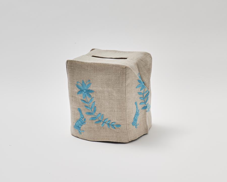 Otomi Tissue Box Cover - Blue on Flax