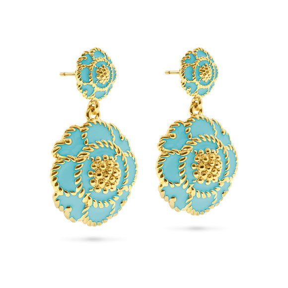 Capucine Enamel Blossom Double Drop Earrings - Turquoise