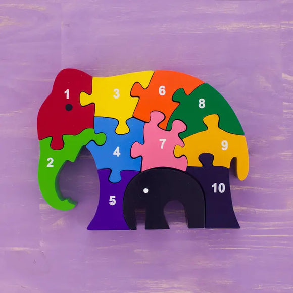Wooden Puzzle Mama and Baby Elephants Numbers