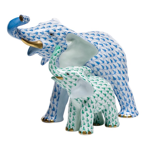 Herend Mother & Baby Elephant - Blue