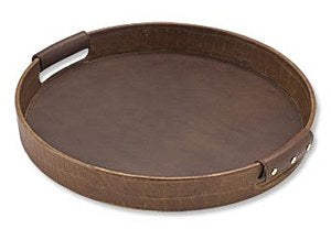 Round Leather Tray, Brown Crocodile
